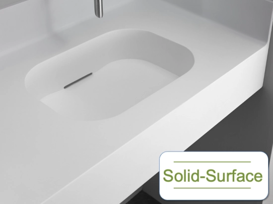 Plan vasque système d’évacuation discret L 50 à 201 x P 40 à 51 cm, Solid-Surface finition lisse mate, Anti bactérien, résine Akrytan®SOLID teinté dans la masse, Livraison Offerte.